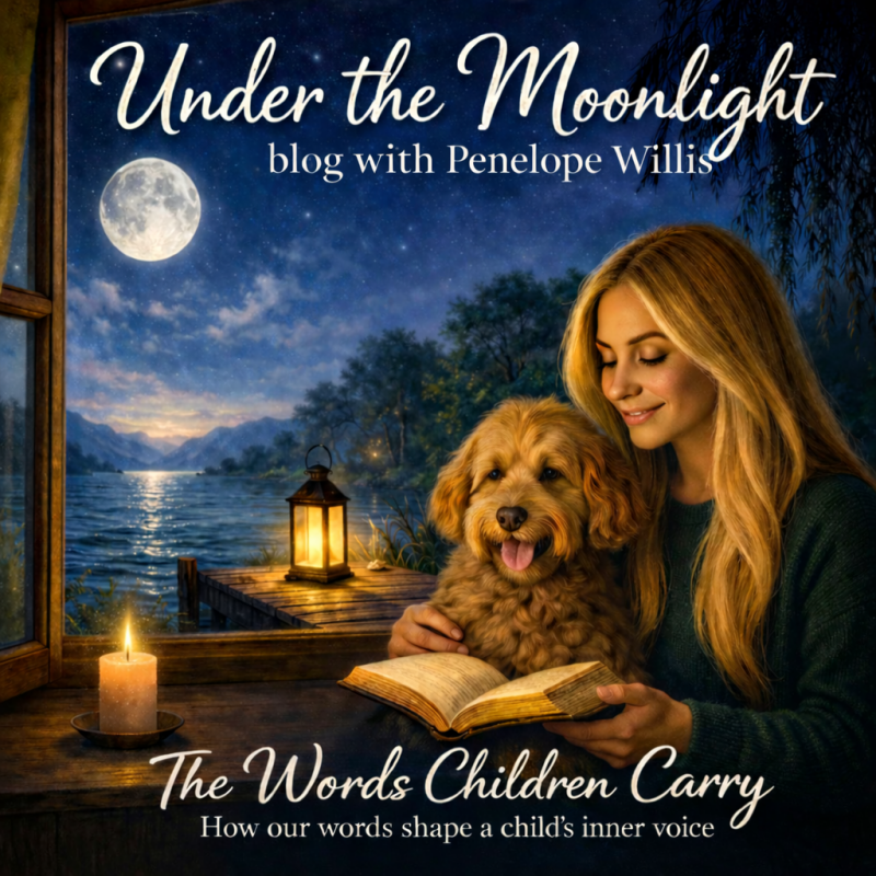 Under the Moonlight blog image by Penelope Willis for The Words Children Carry, showing a moonlit reading scene about children’s inner voice, self-worth and positive words.