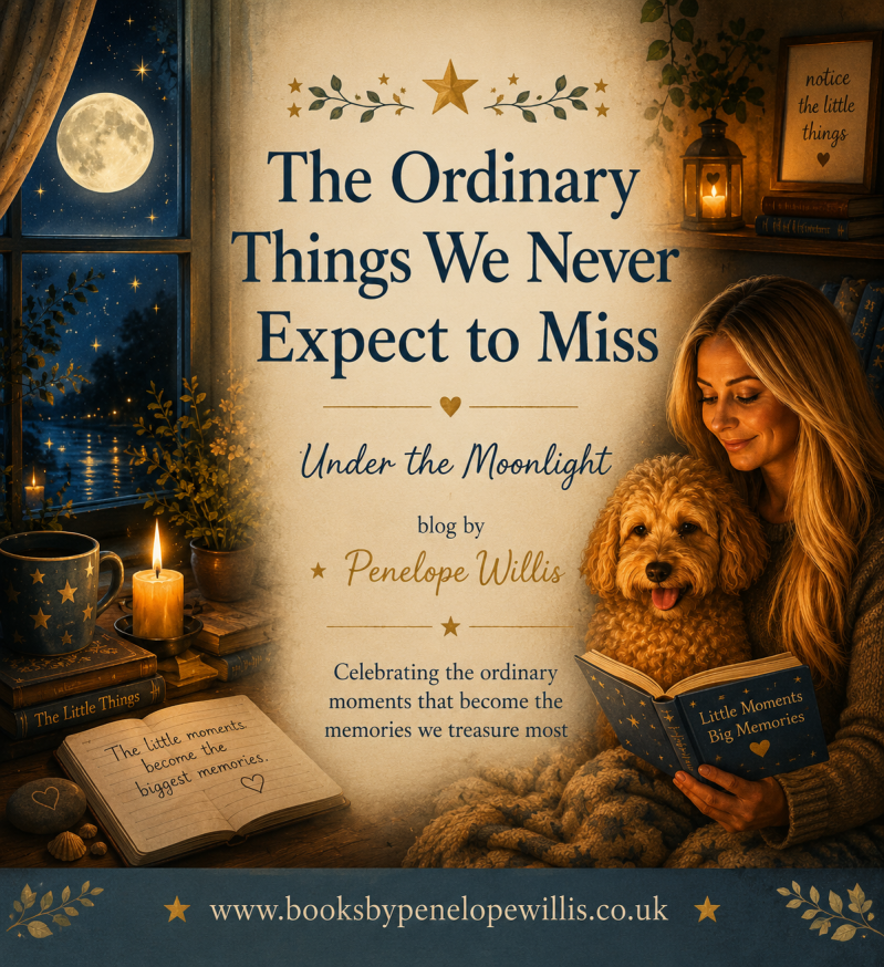 Illustrated blog cover of a woman reading with her dog under the moonlight, representing childhood memories, family life and the ordinary moments we cherish most.