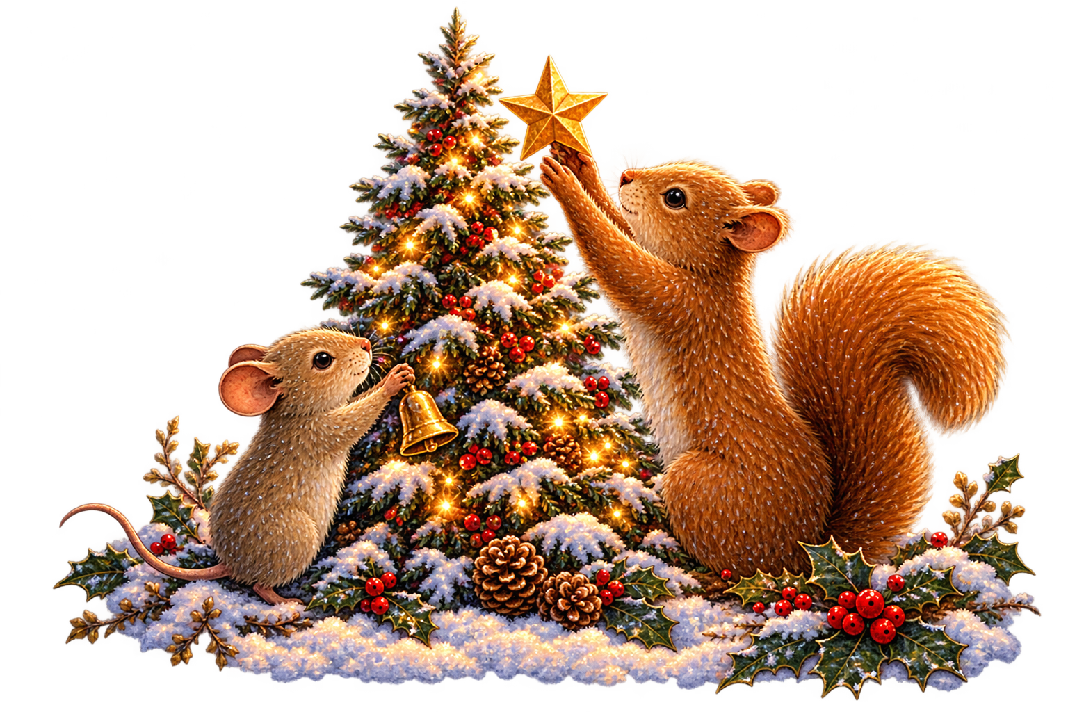 Mouse and Squirrel decorating a snow-covered Christmas tree beneath the stars, from Penelope Willis's heartwarming children's book Whenever You Miss Me at Christmas, Look for the Moon.