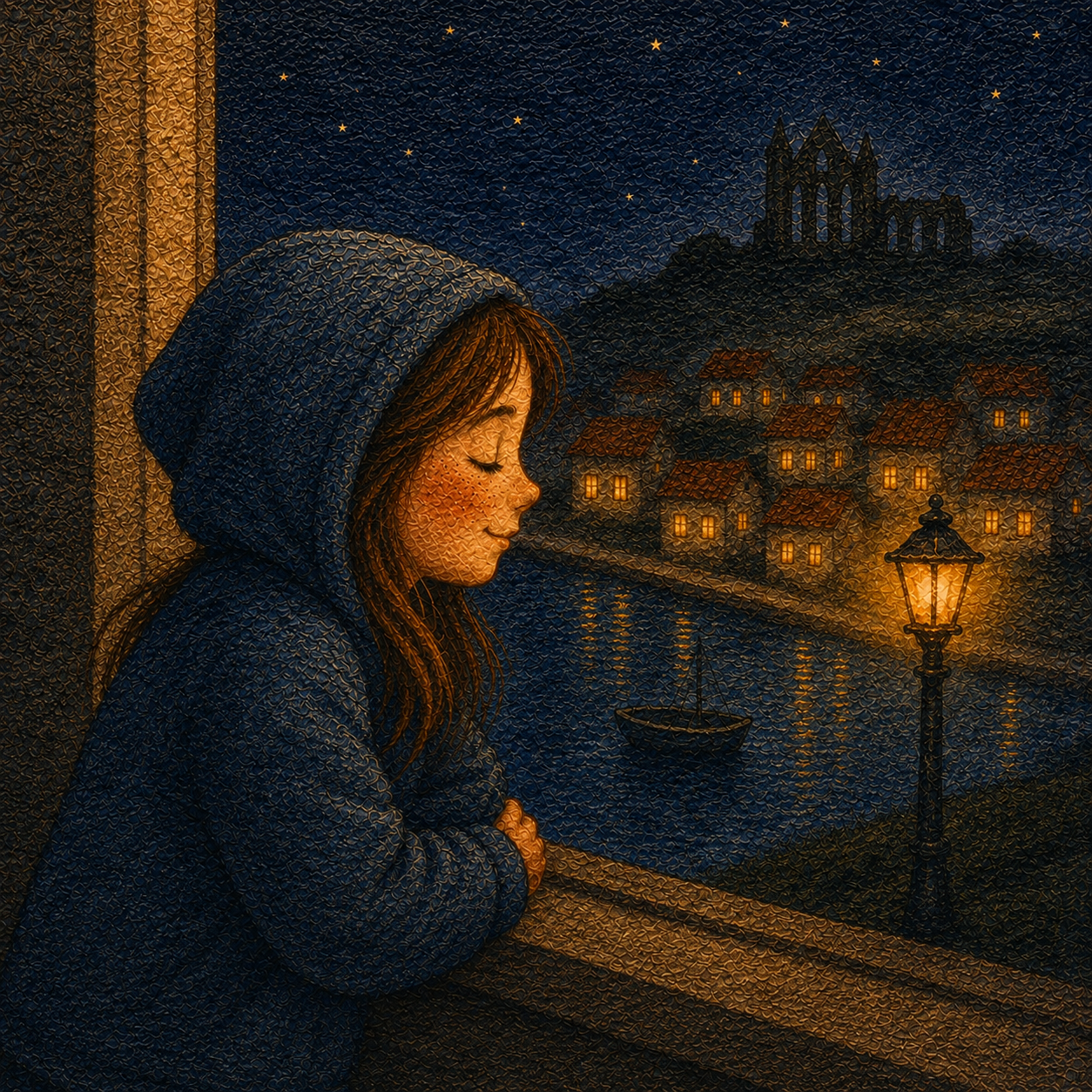 Lottie looking out of the Royal Hotel Whitby window on a misty rainy day in Lottie and the Hotel by the Sea by Penelope Willis, calming children’s bedtime story about reassurance and feeling safe
