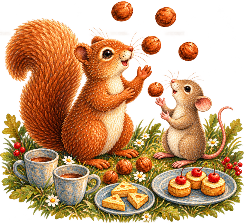 Mouse and Squirrel happily playing with acorns beside cakes and cups of tea in a sunny woodland, from Penelope Willis's comforting children's picture book Whenever You Miss Me, Look for the Moon.