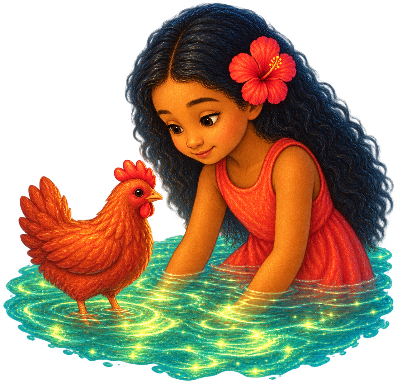 Elani and Lulu the little orange hen exploring shimmering turquoise water in a magical children's story by Penelope Willis.