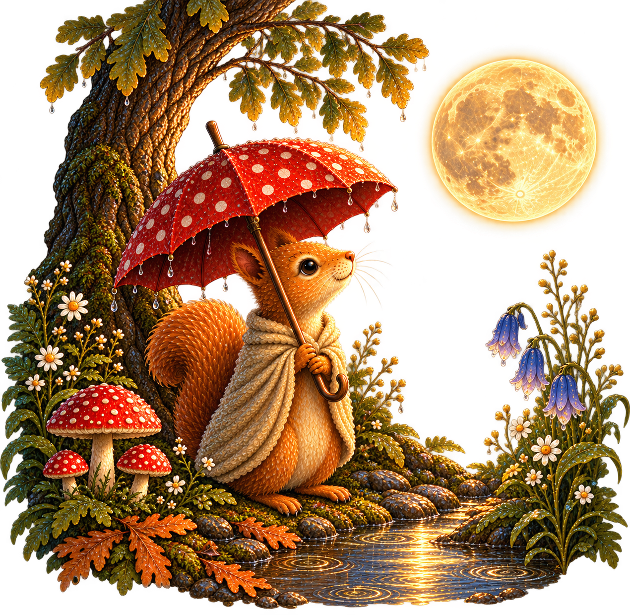 Storybook illustration of Squirrel holding a red spotted umbrella beneath the moon, surrounded by woodland flowers, from Whenever You Miss Me, Look for the Moon by Penelope Willis.