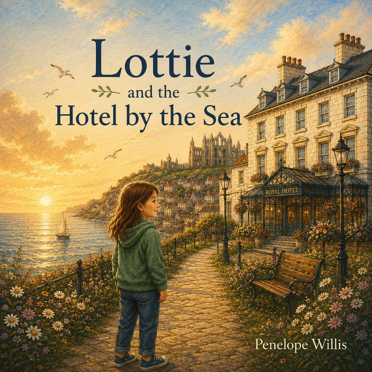 Lottie and the Hotel by the Sea book cover by Penelope Willis, calming children’s seaside story set in Whitby about family, change and reassurance.