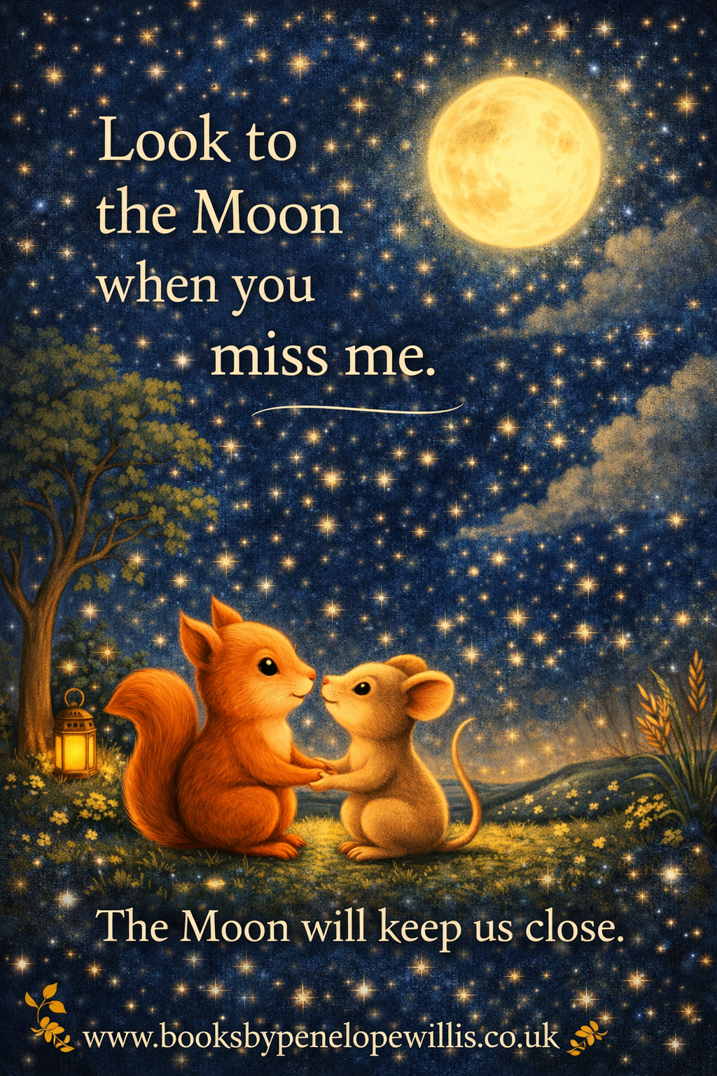 look to the moon when you miss me quote with mouse and squirrel under a starry night sky from Whenever You Miss Me, Look for the Moon by Penelope Willis, a comforting children’s bedtime story about love, connection and missing someone
