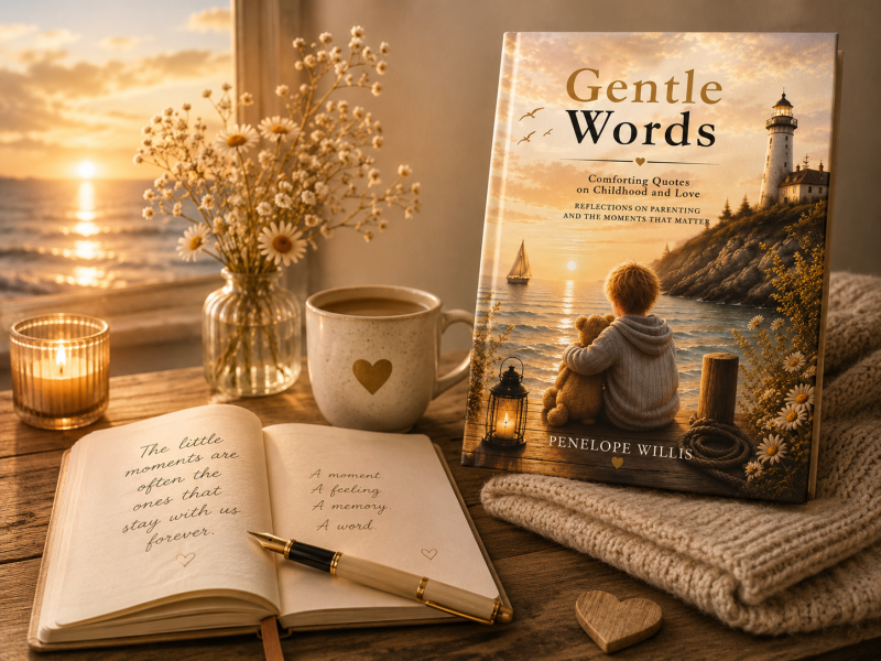Gentle Words by Penelope Willis with a notebook, candle, flowers and coffee