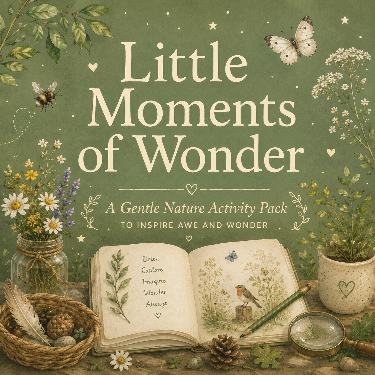 Gentle nature activity pack cover by Penelope Willis featuring wildflowers, butterflies, leaves, and calming woodland details designed to inspire awe, wonder, kindness, and mindful outdoor play for children.