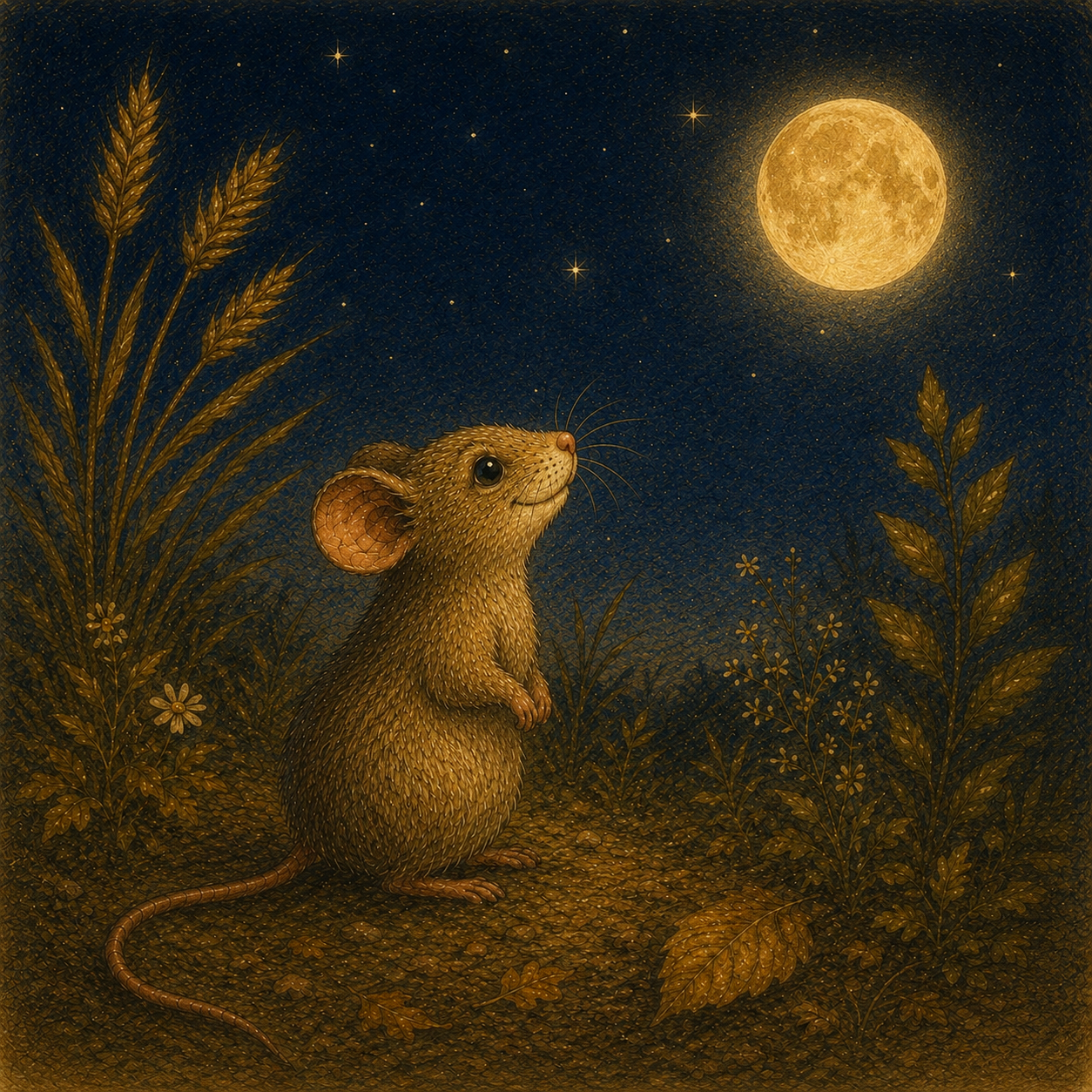 mouse looking up at a glowing full moon in a quiet night landscape from Whenever You Miss Me, Look for the Moon by Penelope Willis, a comforting children’s bedtime story about love, distance and staying connected