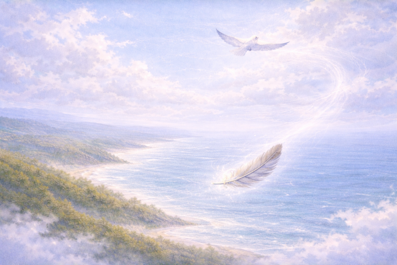 grey feather floating over a calm coastal landscape with sea and sky from The Little Grey Feather by Penelope Willis, a calming children’s bedtime story about change, hope and emotional reassurance