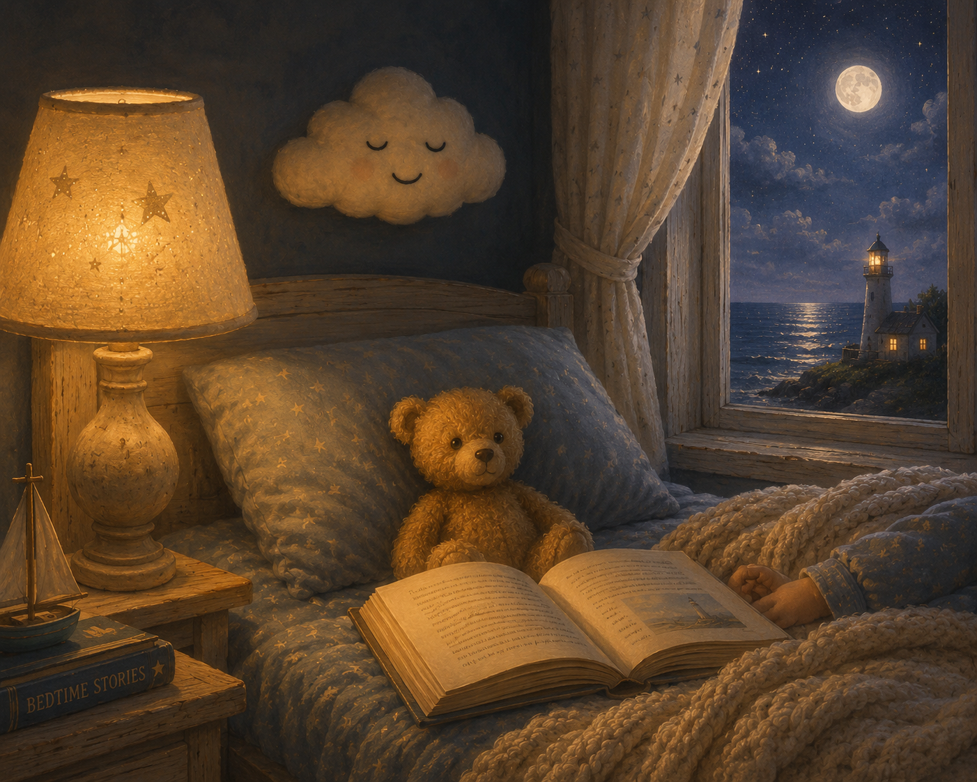 Painterly bedtime illustration in warm moonlit tones showing a cosy child’s bedroom with a teddy bear sitting beside an open storybook, knitted blankets, a glowing lighthouse outside the window, and calming bedtime tips written in elegant cream typography