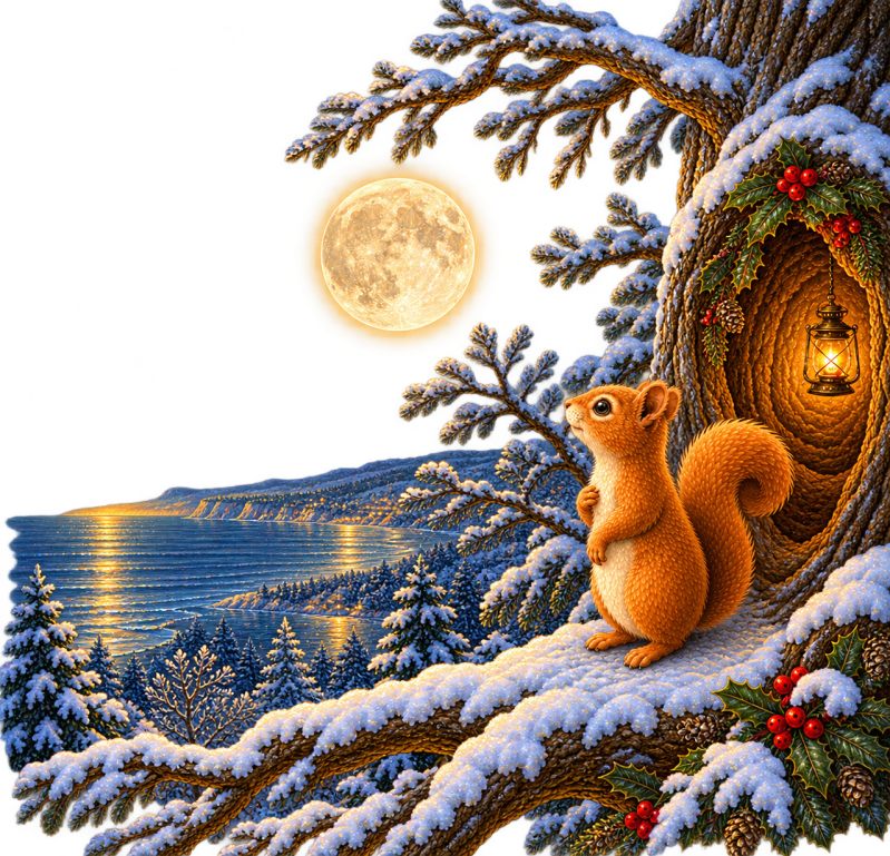 Mouse hanging a silver bell on a snowy Christmas tree beside his warmly lit burrow, an illustration from Whenever You Miss Me at Christmas, Look for the Moon by Penelope Willis.