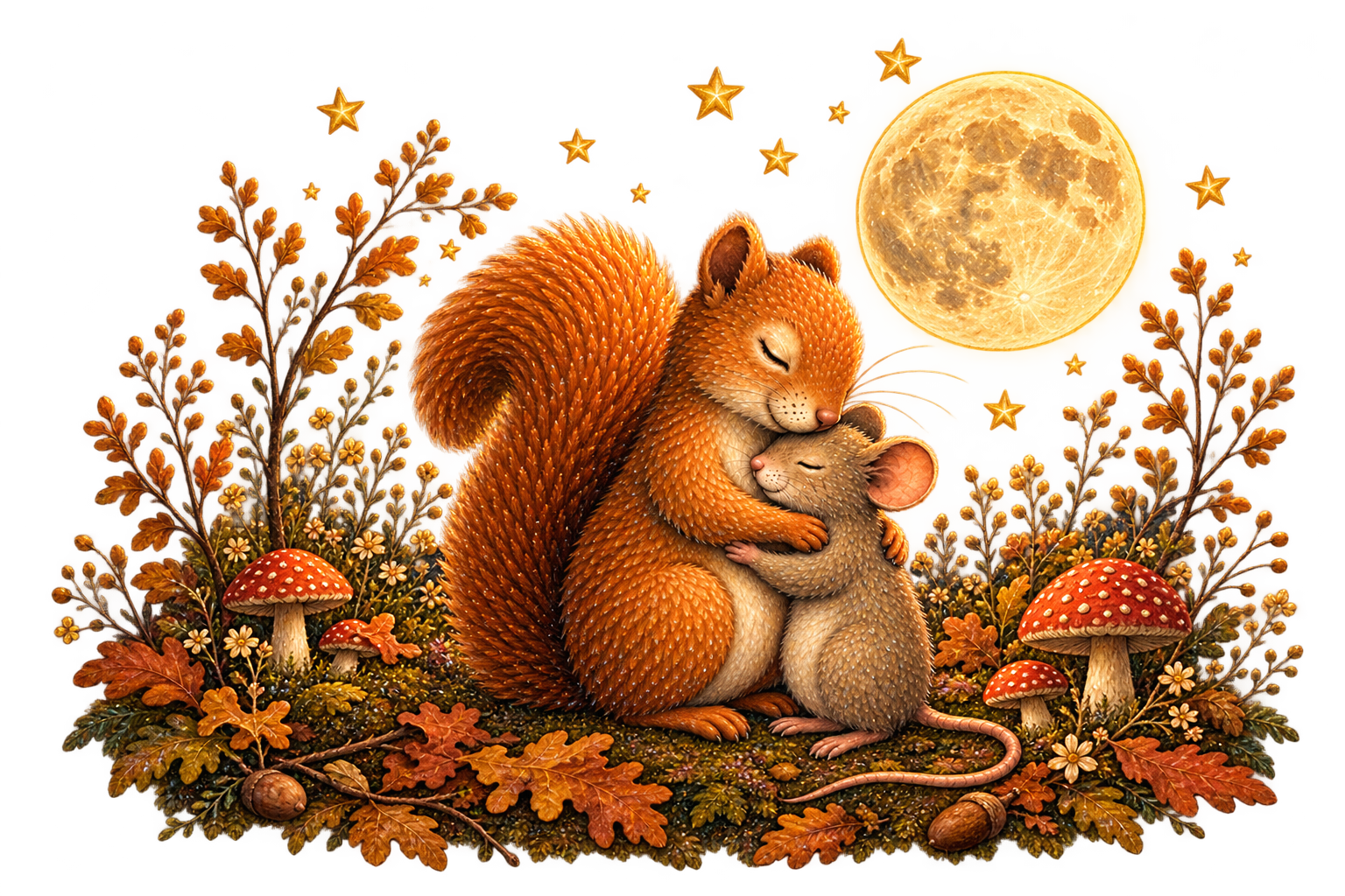 Heartwarming illustration of Squirrel gently cuddling Mouse in a woodland setting, from Penelope Willis's children's picture book Whenever You Miss Me, Look for the Moon.