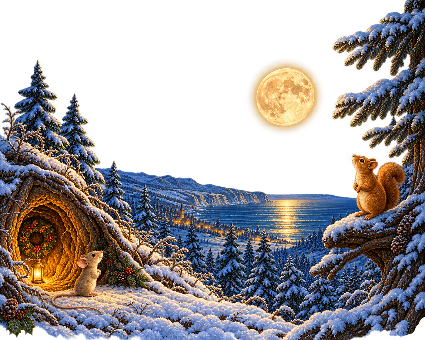 Mouse and Squirrel looking towards the glowing moon across a snowy woodland landscape, an illustration from Penelope Willis's heartwarming children's Christmas picture book Whenever You Miss Me at Christmas, Look for the Moon.