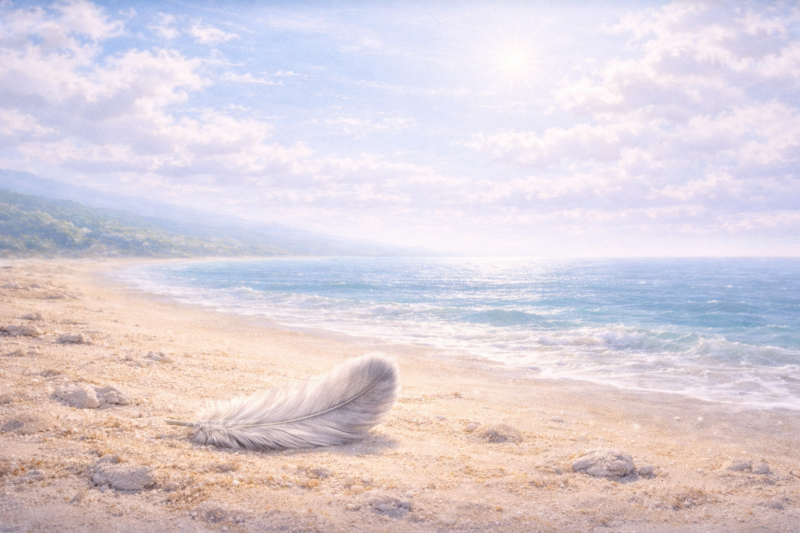 A calming beach scene from The Little Grey Feather by Penelope Willis, a children’s bedtime story about change, belonging, and emotional reassurance