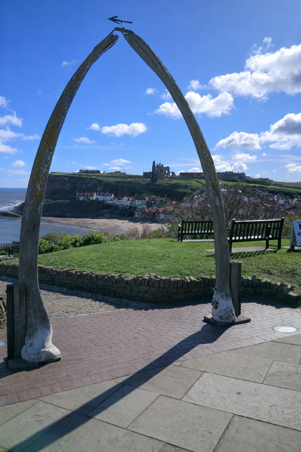 The famous whale bone arches on Whitby West Cliff with sea views, inspiration for a scene in Lottie and the Hotel by the Sea children’s book by children's author Penelope Willis