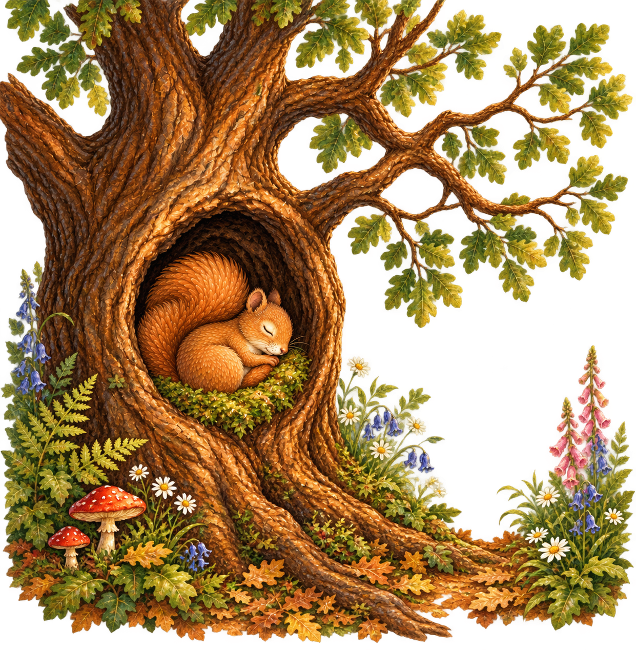 Squirrel sleeping peacefully inside a cosy tree hollow surrounded by woodland flowers, an illustration from Whenever You Miss Me, Look for the Moon by Penelope Willis.