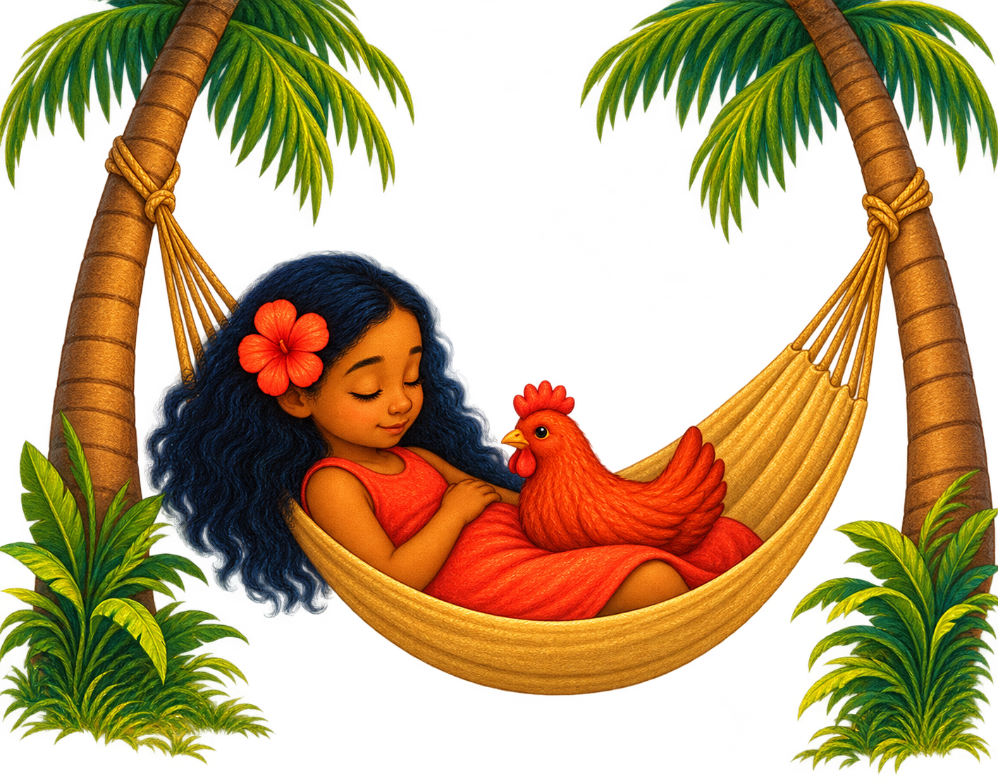 Elani relaxing in a hammock with Lulu the hen between tropical palm trees, from Penelope Willis's children's story.