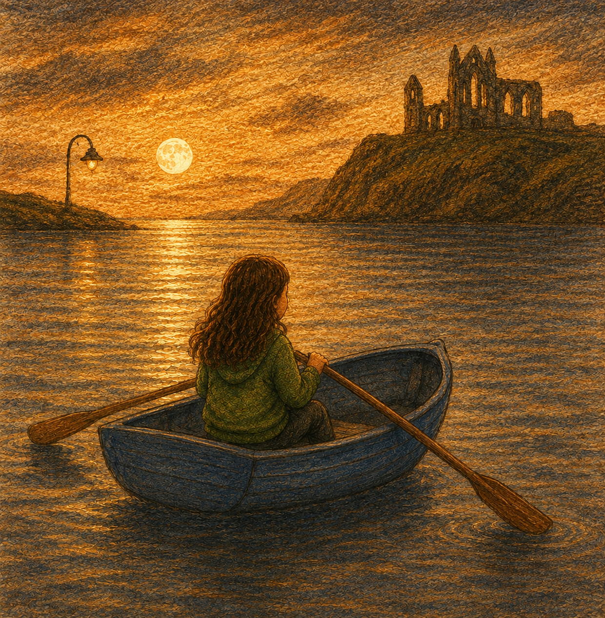 Lottie imagining herself in a rowing boat on Whitby harbour near Whitby Abbey in Lottie and the Hotel by the Sea by Penelope Willis, calming children’s bedtime story about reassurance, imagination and feeling safe