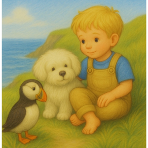 Illustration of Oscar, his dog Toby, and Pelby the puffin  sitting on the cliffs at Plemont , Jersey, in a heartwarming illustration from Penelope Willis's  picture book "Oscar and the Brave Little Puffin"