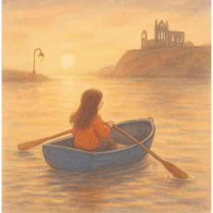 Illustration of a little girl (Lottie) in a little blue boat sailing gently across calm waters fom the children's picture book "Lottie and the Hotel by the Sea" by Penelope Willis