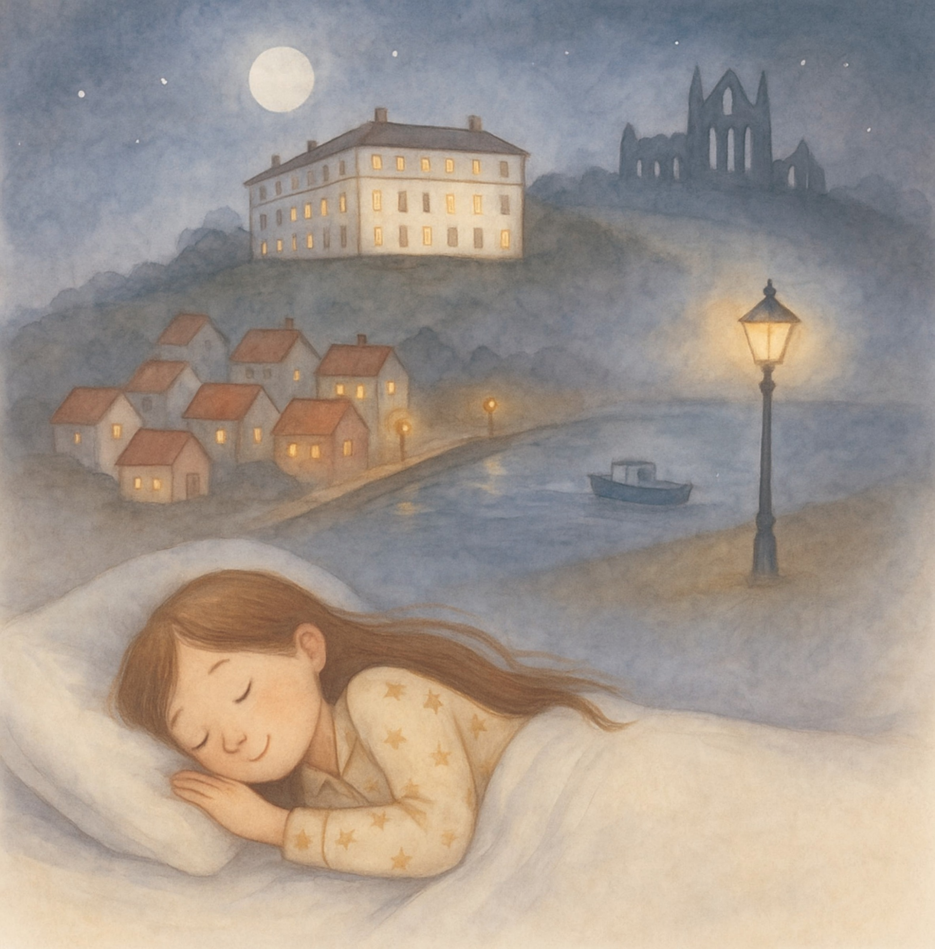 Lottie sleeping peacefully with view of Royal Hotel Whitby and Whitby Abbey at night in Lottie and the Hotel by the Sea by Penelope Willis, calming children’s bedtime story about reassurance and feeling safe