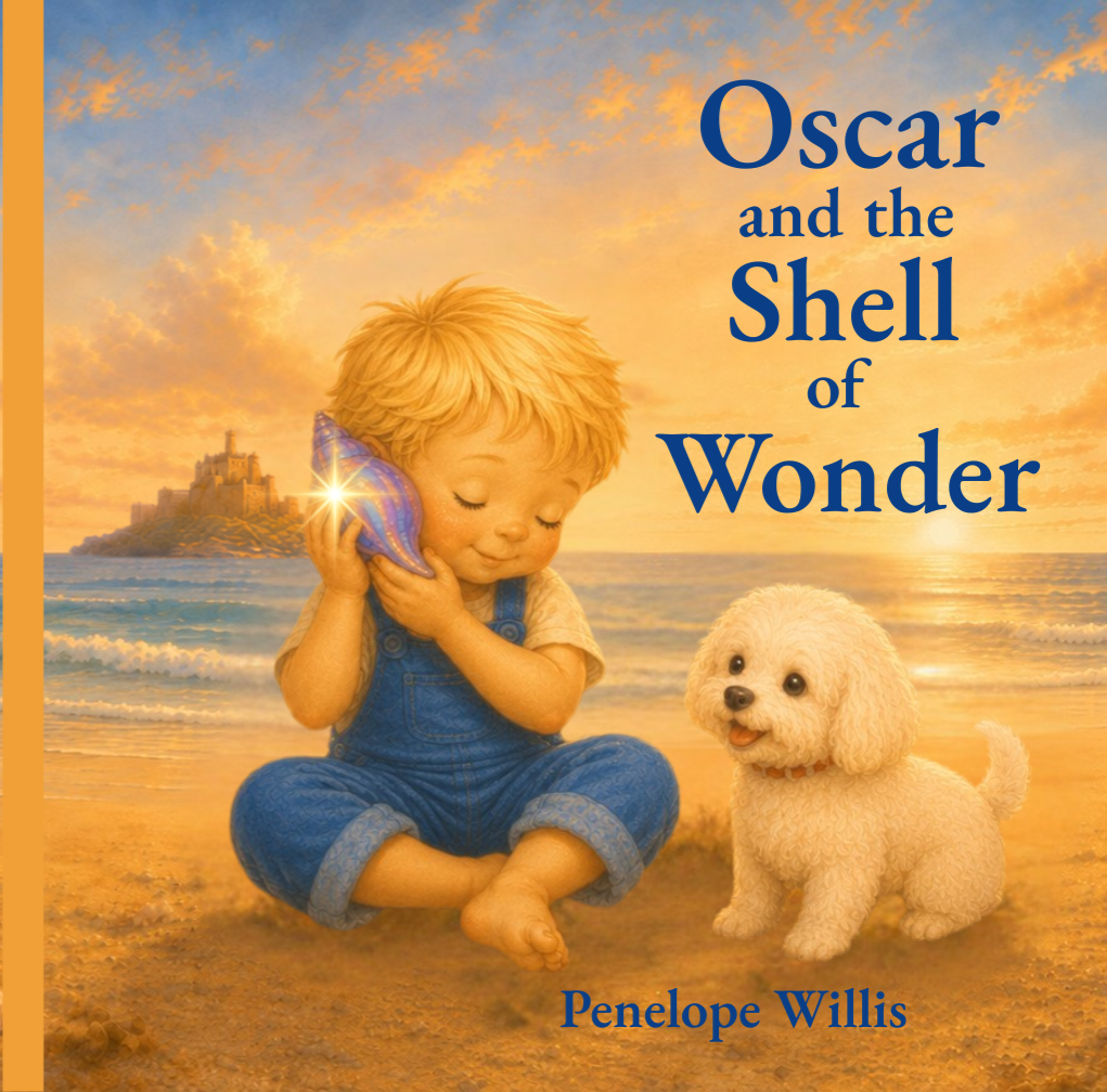 “Oscar and the Shell of Wonder book cover by Penelope Willis, calming children’s seaside story about wonder and nature