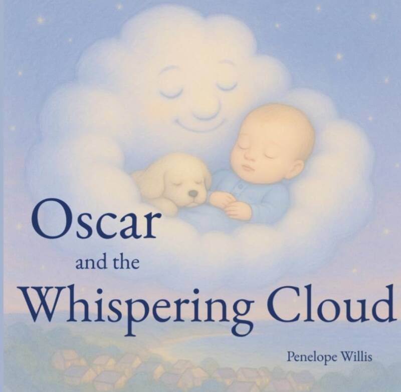 Cover of the children's book Oscar and the whispering Cloud by Penelope Willis, showing a sleeping baby and a dog nestled inside a smiling cloud, creating a calm and comforting bedtime scene.