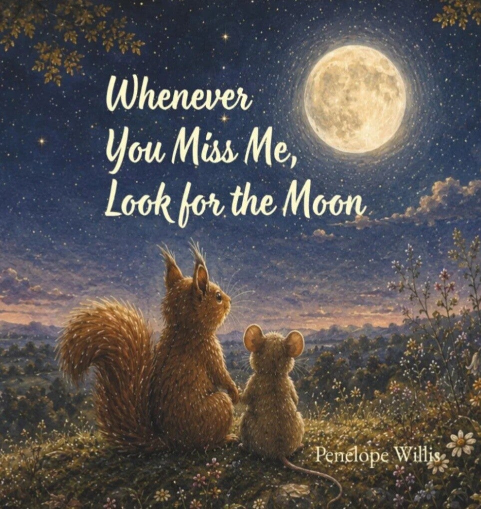 children’s bedtime story book cover Whenever You Miss Me Look for the Moon by Penelope Willis featuring mouse and squirrel under a glowing moon, a calming picture book about love, separation anxiety and emotional reassurance for young children