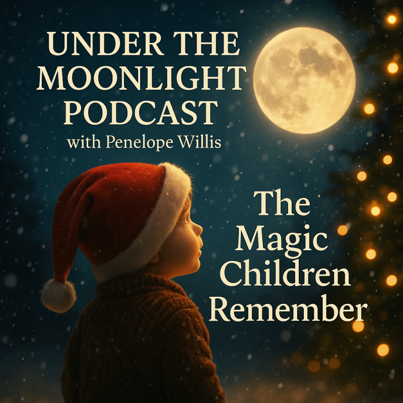 A dreamy, hyper-realistic Christmas scene showing a small child in a cosy red santa hat looking up at a glowing full moon. Soft snow falls around them and warm fairy lights twinklw on a cChristmas tree in the background. Under the Moonlight Podcast.