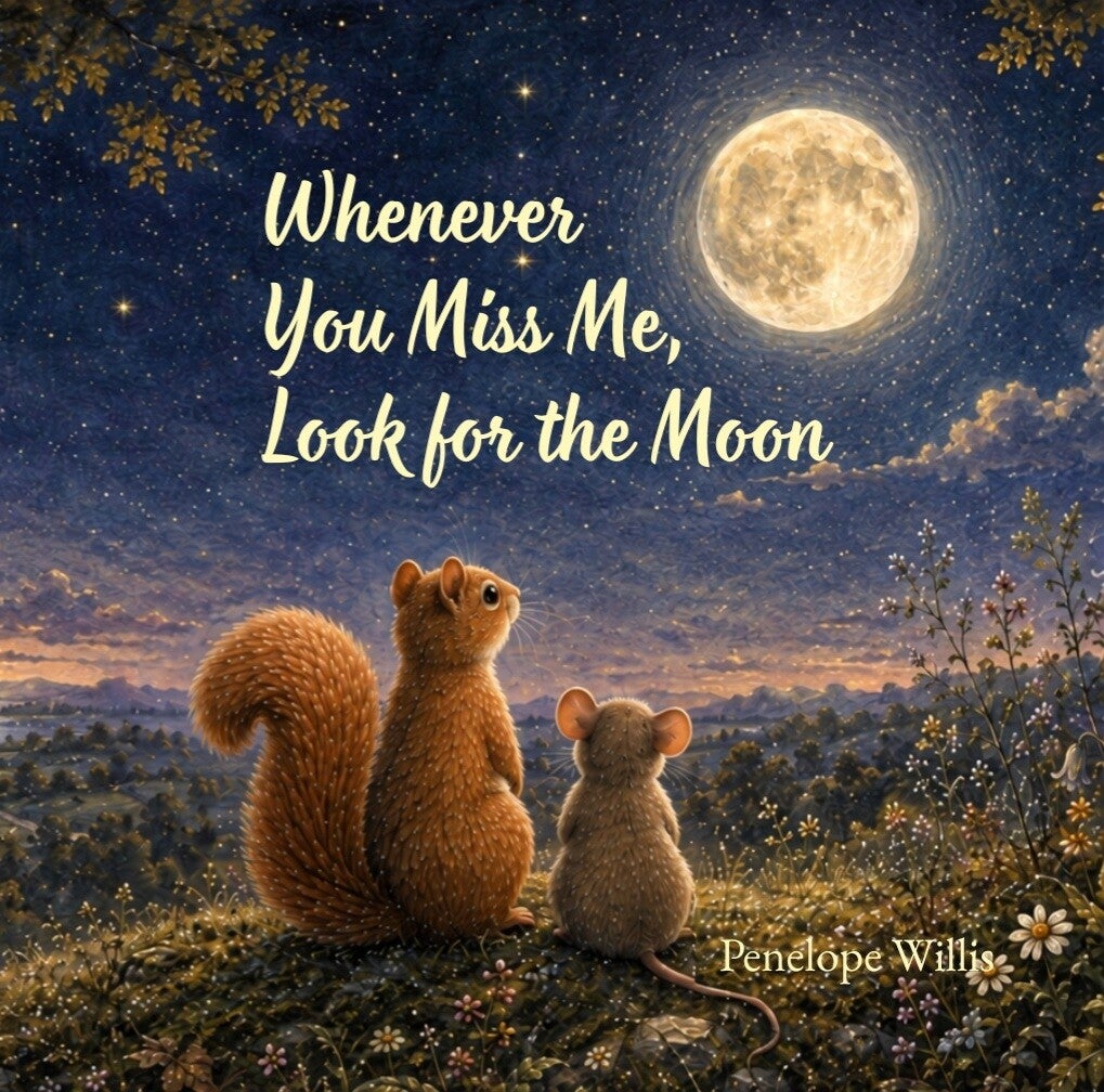 Whenever You Miss Me, Look for the Moon book cover by Penelope Willis, calming bedtime story for children about separation anxiety and missing a loved one.