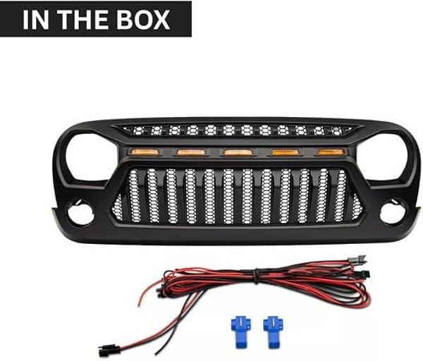 Front Grill with Amber LED Lights for Jeep Wrangler JL 2018–2025 | Heavy-Duty Matte Black Replacement Grille | Off-Road Aggressive Style | Jeep JL Exterior Accessories