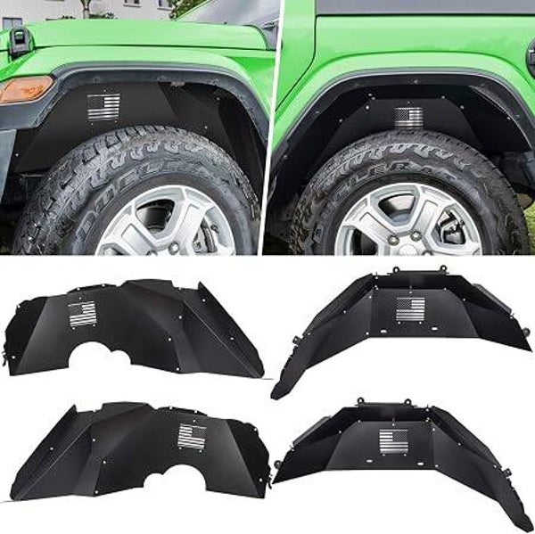 Front+Rear Inner Fender Liners for Jeep Wrangler JL JLU 2018 2019 2020 2021 2022 2023 Unlimited Sahara Rubicon Freedom Sport 2/4-Door US Flag Logo Aluminum Lightweight Design Splash Guards (Black)