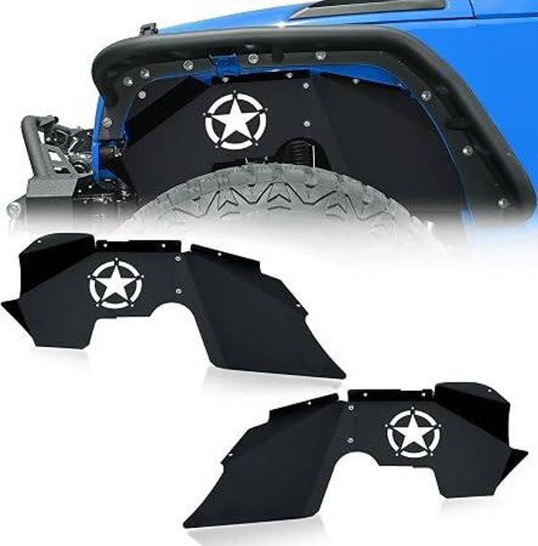 for Wrangler JK Front Inner Fender Liners Compatible with 2007-2018 Jeep Wrangler JK & JKU Unlimited 2/4 Doors, White Star Logo Wheel Well Liners Mud Guards Steel Fender Flares Cover (2 PCS)