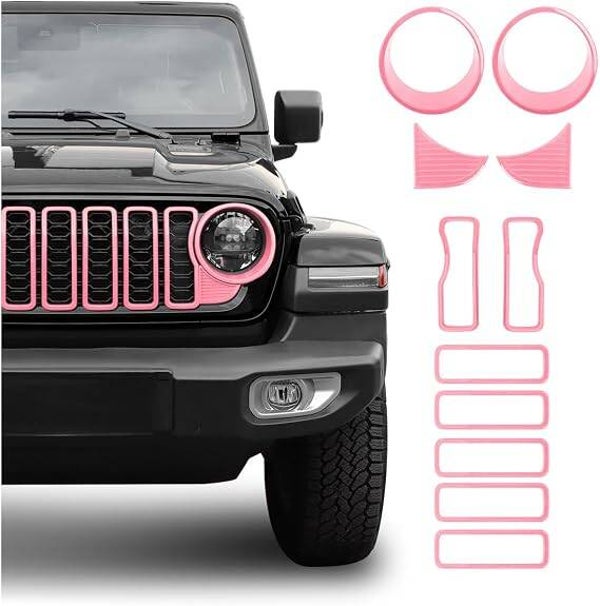 Front Grill Insert+Headlight Turn Light Cover Compatible with 2024-2025 Jeep Wrangler JL JLU & Gladiator JT Exterior Accessories (Pink)