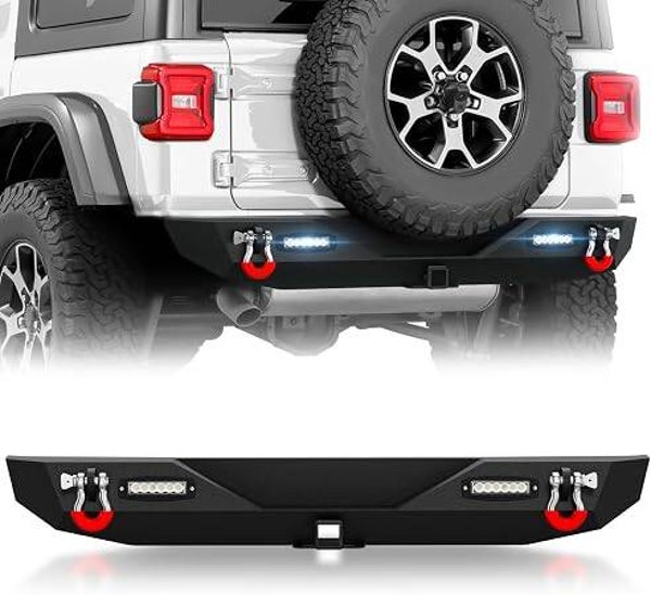 Rear Bumper Compatible with 2018-2026 Jeep Wrangler JL JLU | Steel Replacement Bumper, 2" Standard Hitch Receiver, LED Lights, D-Rings, Black