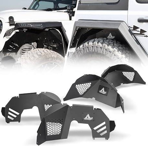 Inner Fender Liners Compatible for 2018-2023 Jeep Wrangler JL JLU Unlimited Offroad Powder Coated Steel Flares Front + Rear 4PCS with Accessories, AF-NJL01G101B-BX | Offroad Powder Coated Steel Flares Front + Rear Wheel Well Protection, 4PCS with Accessor