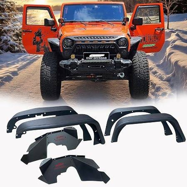OMP Offroad Rugged Steel Fender Flares and Front Inner Fender liners compatible for Jeep Wrangler 2007-2018 JK & JKU Unlimited - Ideal for Off-road Adventures (6" + 2 Inner Liners B)