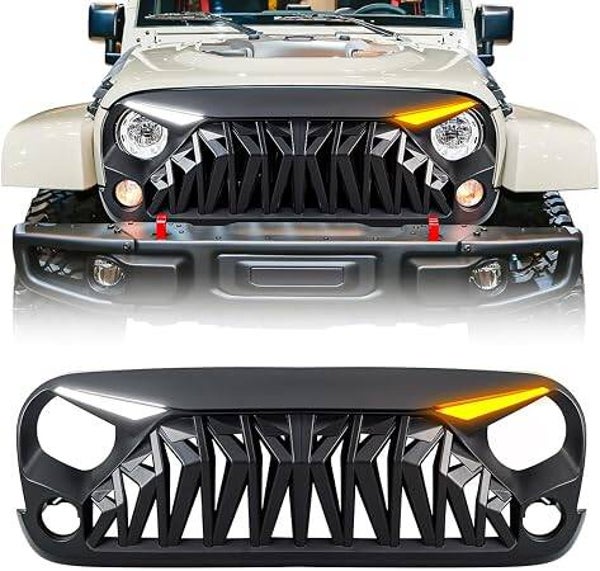 Matte Black Front Grill Compatible with 2007-2018 Jeep Wrangler JK JKU | Shark Grille w/Eyebrow, 3-in-1 DRL/Turn/Hazard, ABS Material, Direct Replacement