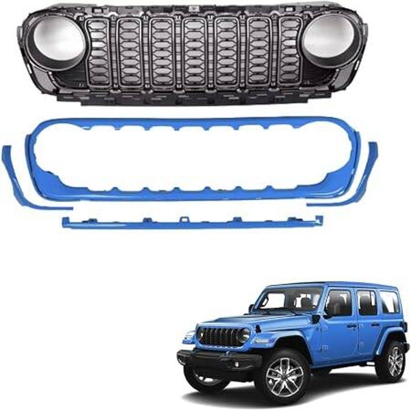 Front Grill (Blue Without Camera Hole) for Jeep Wrangler JL 2018–2022 | 2025 Style Replacement Mesh Grill | Durable Off-Road Exterior Accessory | Easy Install Upgrade