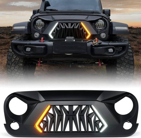 Xprite Matte Black Front Grill Grille with Running and Turn Signals Light Compatible with 2007-2018 Jeep Wrangler JK JKU