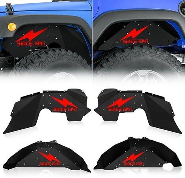 for Wrangler JK Front and Rear Inner Fender Liners Compatible with 2007-2018 Jeep Wrangler JK & JKU 2/4 Doors, Lightning Style Steel Back Wheel Well Cover Mud Guards Fender Flare Liners (4 PCS)