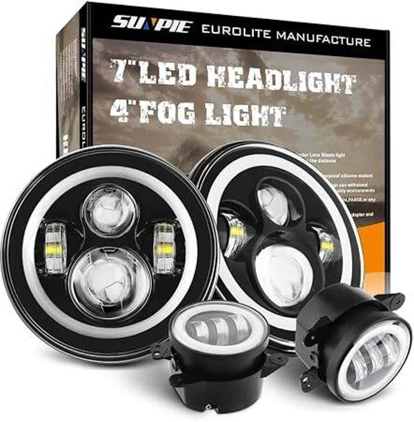 SUNPIE 7 Inch LED Halo Headlights with Turn Signal Amber DRL White+ 4 '' Halo Fog Lights for Jeep Wrangler 1997-2017 JK JKU TJ LJ Rubicon Sahara Unlimited White DRL/Amber