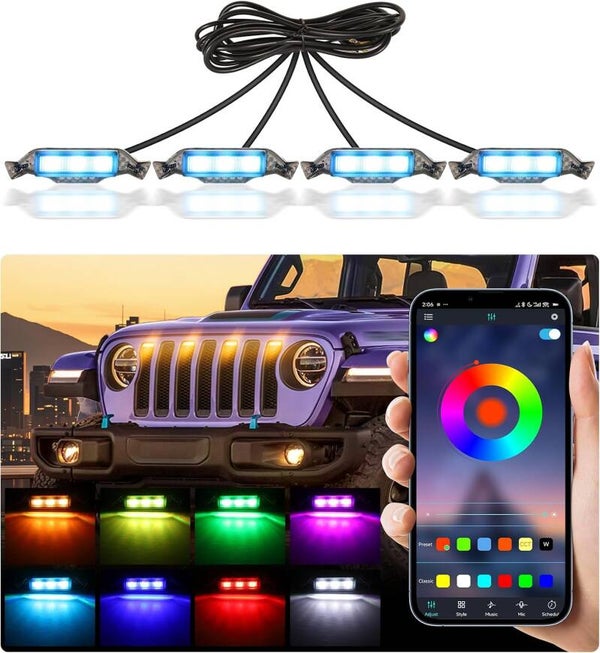 Grill Lights for Jeep Wrangler JL JLU Front Bumper Grille LED Running Marker Lamp Accessories (RGB, 2018-2023) | Direct-Snap Front Grille LED Accent Marker Lights, IP68 Waterproof, Enhanced Night Visibility, Raptor-Style Exterior Lighting