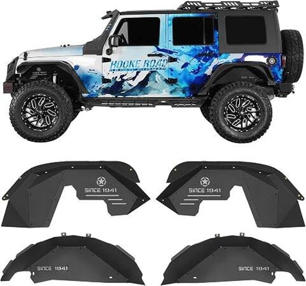 Hooke Road Aluminum JK Front & Rear Inner Fender Liners Set for 2007-2018 Jeep Wrangler JK JKU Unlimited Sport Sahara Rubicon 2/4 Doors, Wheel Well Liner Cover - 4PCS
