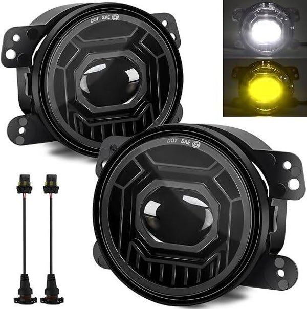 4 Inch Round LED Fog Lights for 2007-2018 Jeep Wrangler JK JKU 2018-2024 Jeep Wrangler JLU Accessories, 60W White Amber Off-Road Lamps Black Front Bumper LED Fog Lights Assembly, DOT Approved