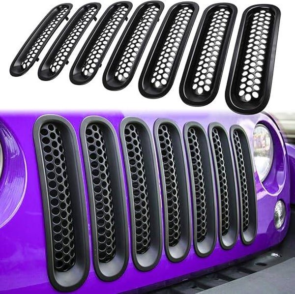 E-cowlboy 7PCS Front Grill Mesh Inserts for Jeep Wrangler JK JKU Sport Freedom Rubicon Sahara Unlimited 2007-2018 Exterior Accessories Clip-in Grille Guard Cover Trim (Matte Black)
