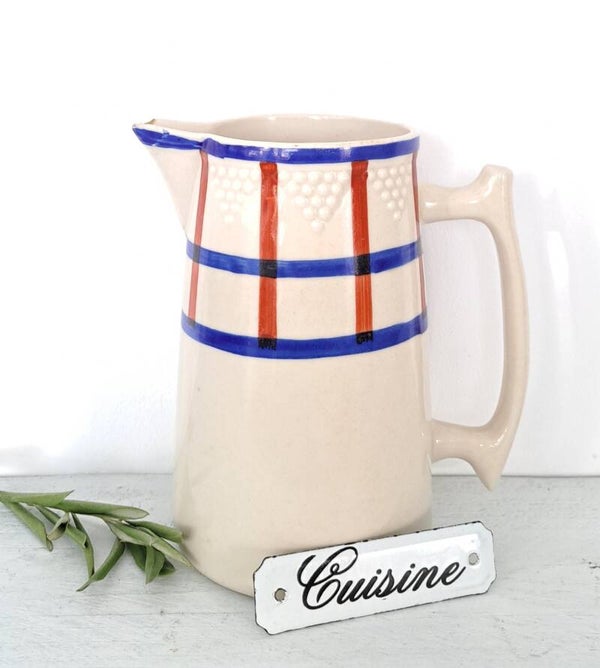 Franse aardewerk kan wit met blauw en rode streep