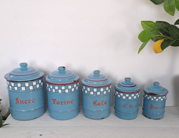 Set van 5 blauw Franse brocante emaille voorraadbussen CAFÉ SUCRE THÉ FARINE POIVRE [18126]