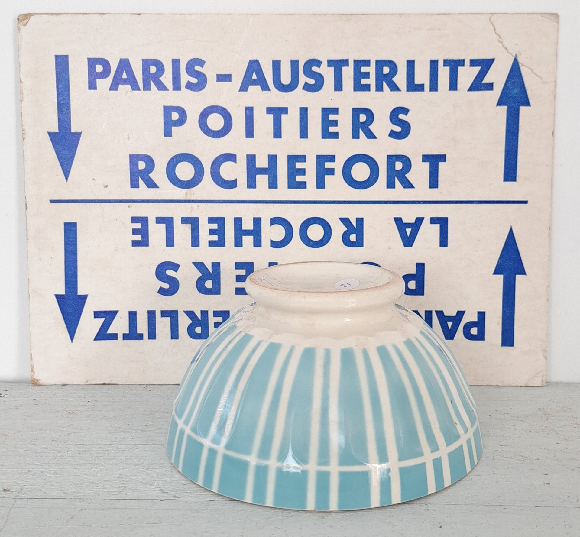 Franse spoellkom/Café au lait bowl wit/blauw dunne streep (13)