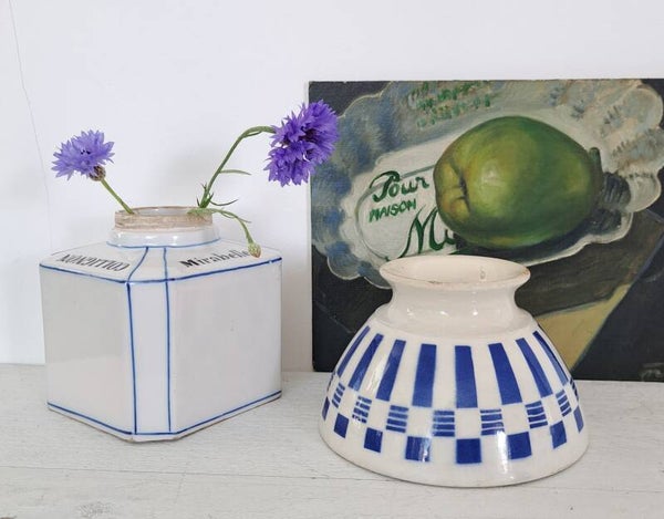 Franse spoelkom/Café au lait bowl blauw/wit geblokt (118)